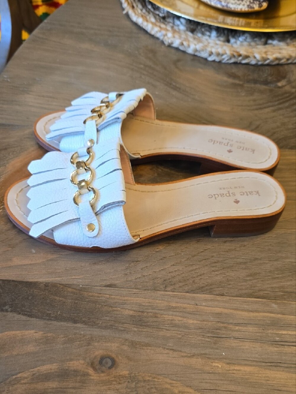 Kate Spade White Fringe Slide Mules with Gold Chain - Picture 6 of 12